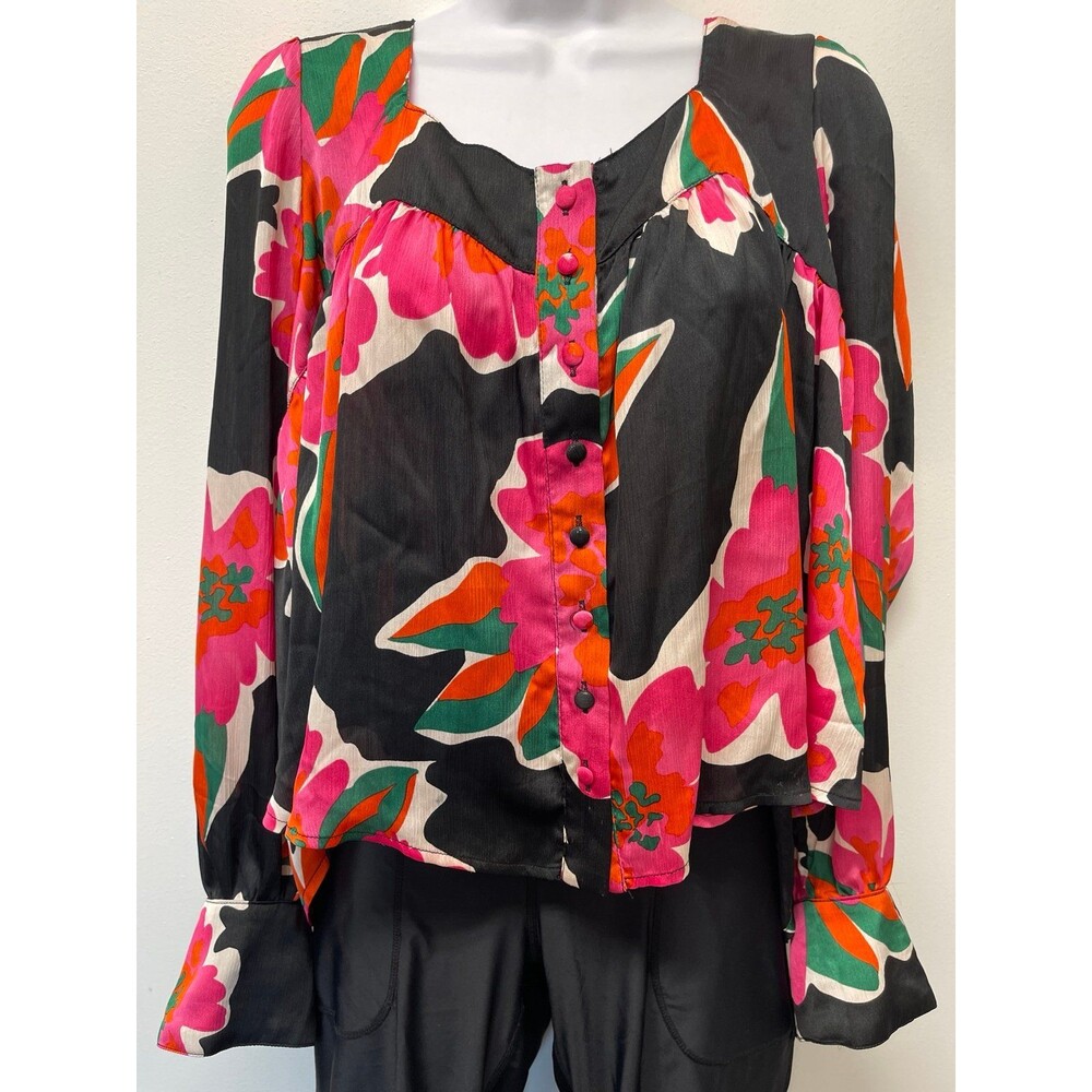 Beautiful Size M Black Floral Print Button Front Long Sleeved Blouse by ee:some